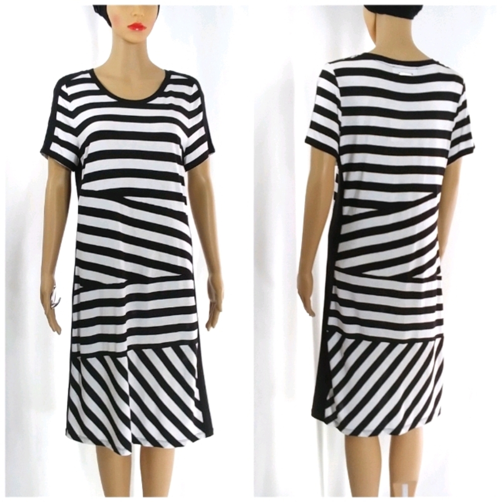 MICHAEL KORS Black & White Striped Blocked T-Shirt Dress NWT Sz L